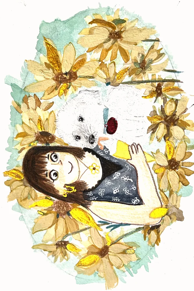 Girl, puppy and sunflowers · Chloe